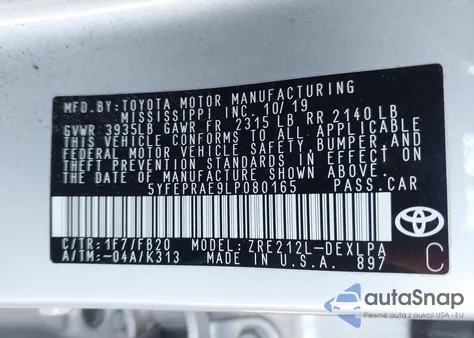 2020 Toyota Corolla Le from USA, damaged, VIN 5YFEPRAE9LP080165